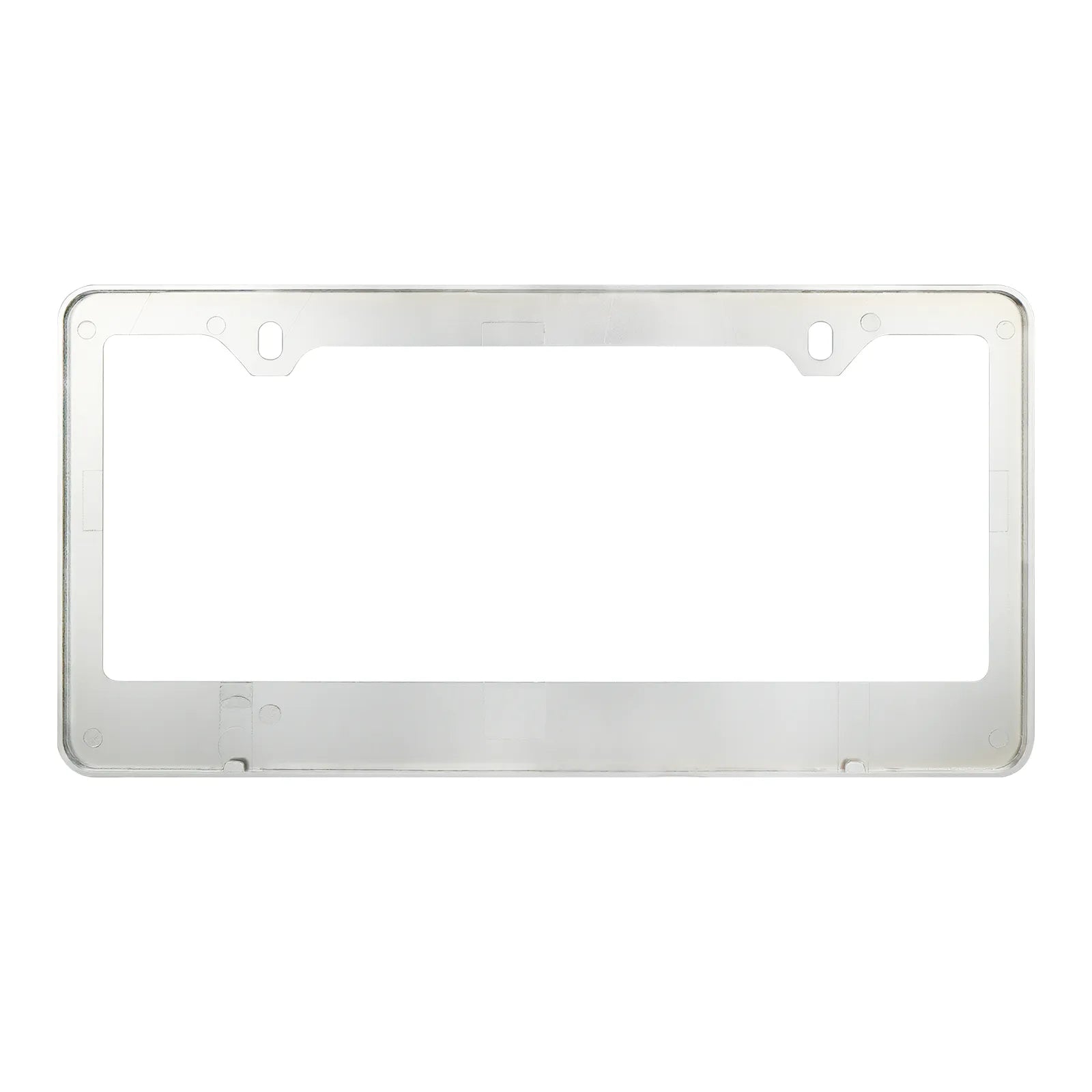 Rear view of the Cleanstroke chrome bling license plate frame, revealing the lightweight, rust-proof ABS base and built-in securing tabs designed to prevent rattling and protect car paint.