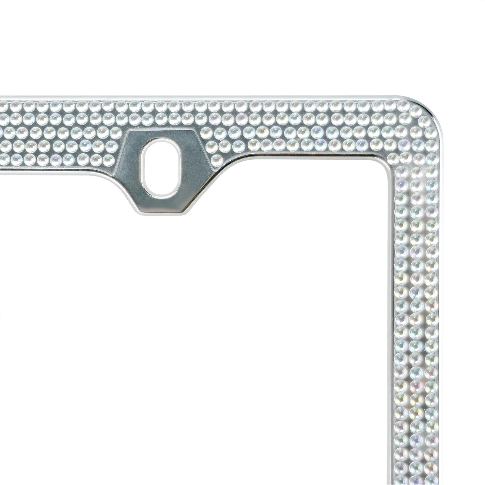 Detailed view of the top mounting hole on the Cleanstroke chrome bling license plate frame, highlighting the smooth protective inner edge and precise rhinestone alignment for easy installation.