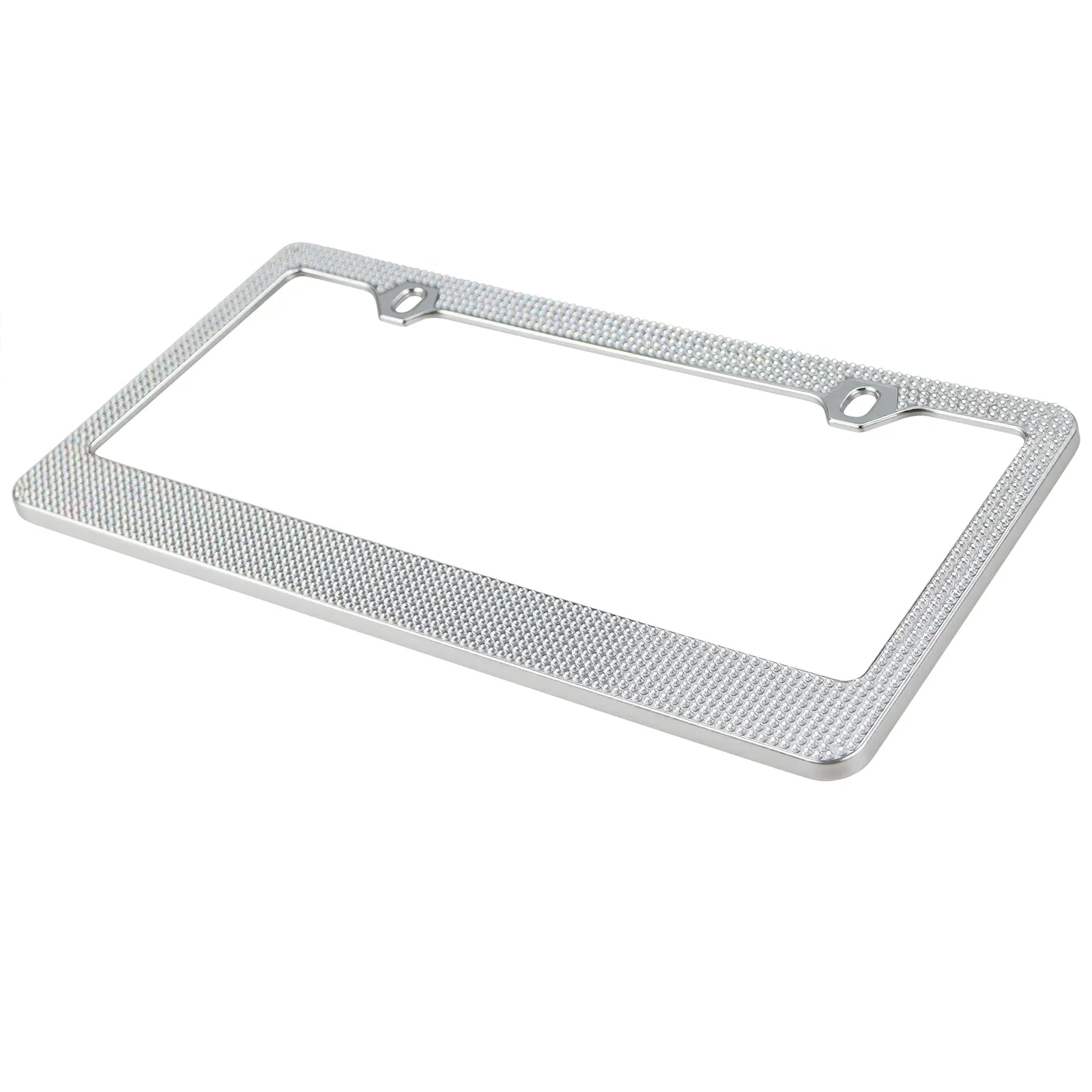 Angled perspective view of the Cleanstroke chrome bling license plate frame, showcasing the full coverage of sparkling rhinestones and the sleek, lightweight ABS profile.