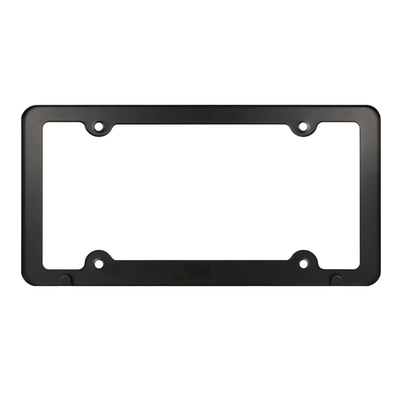 Rear view of the Cleanstroke customizable 4-hole matte aluminum license plate frame, revealing built-in bottom securing tabs designed to firmly grip the plate and eliminate metal rattling for a noise-free fit.