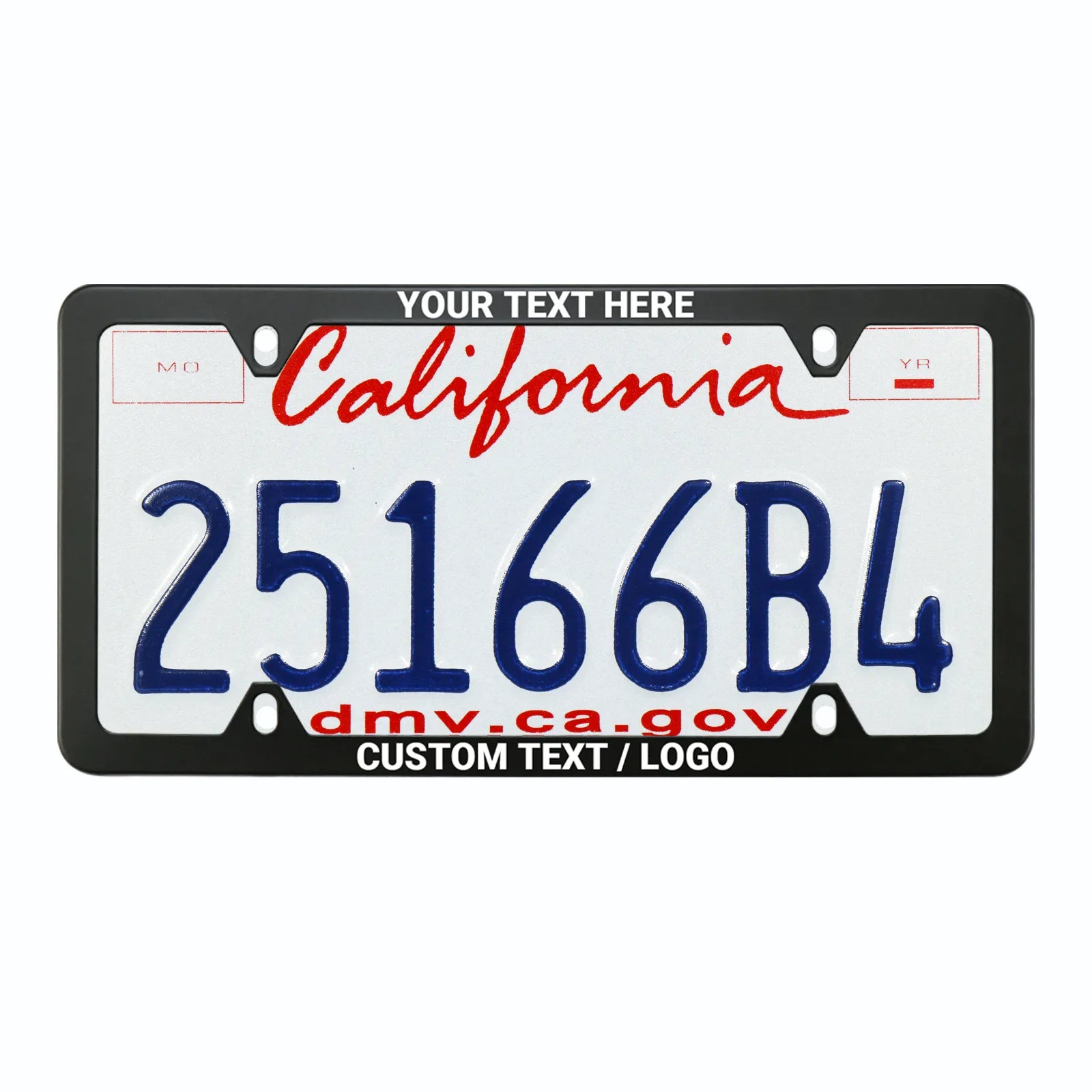 Installed view of the Cleanstroke customizable 4-hole matte black stainless steel license plate frame on a California plate, proving its unique inner-tab design is completely street legal and won't obscure state names or registration tags.