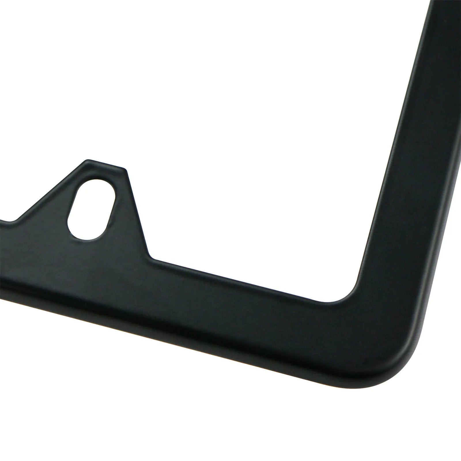 Installed view of the Cleanstroke customizable 4-hole matte black stainless steel license plate frame on a California plate, proving its unique inner-tab design is completely street legal and won't obscure state names or registration tags.