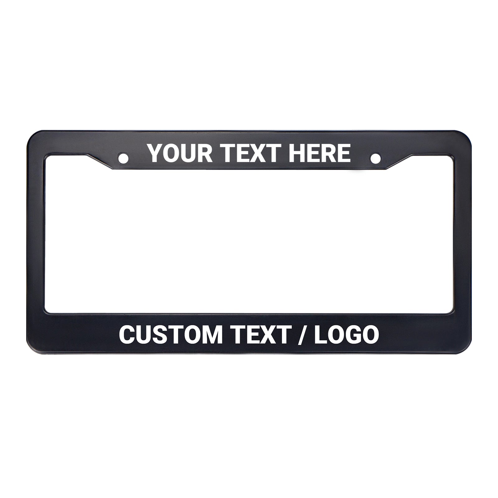 Front view of the Cleanstroke customizable black ABS license plate frame, featuring wide top and bottom borders designed for high-definition personalized UV printed text and logos.