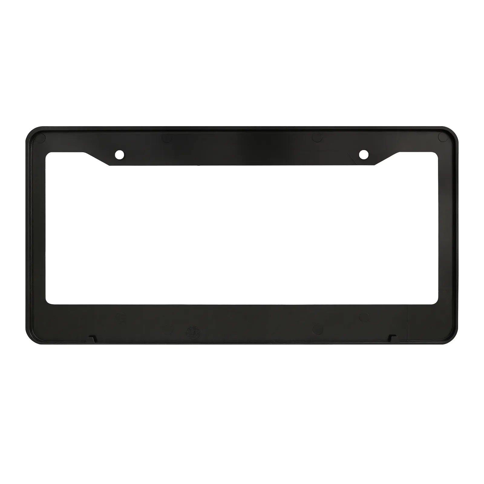Rear view of the Cleanstroke customizable black ABS license plate frame, revealing a smooth, rust-proof back that protects car paint and built-in bottom tabs to securely hold the plate and prevent rattling.