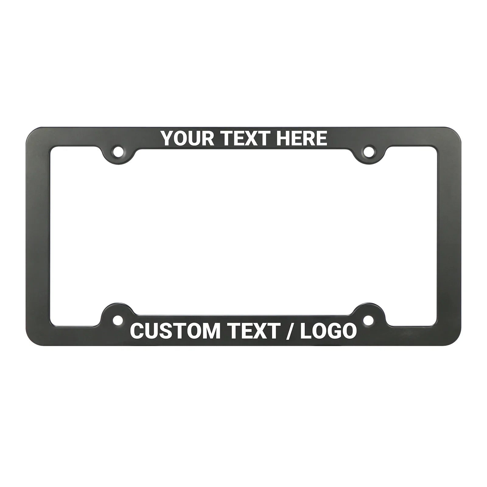 Front view of the Cleanstroke customizable 4-hole matte black aluminum license plate frame, featuring an ultra-lightweight design and wide borders for personalized UV printed text.