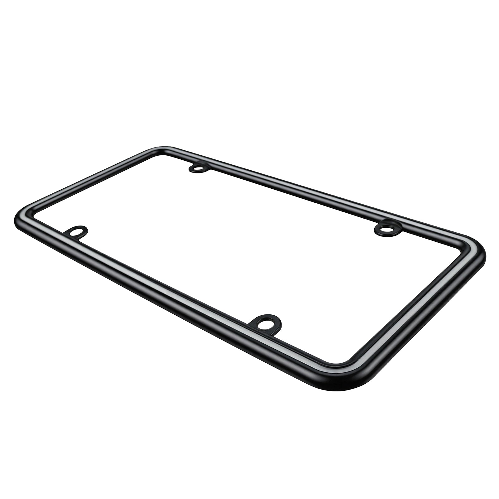 Angled perspective view of the Cleanstroke glossy black zinc license plate frame with white epoxy stripe, highlighting its solid heavy-duty metal profile.