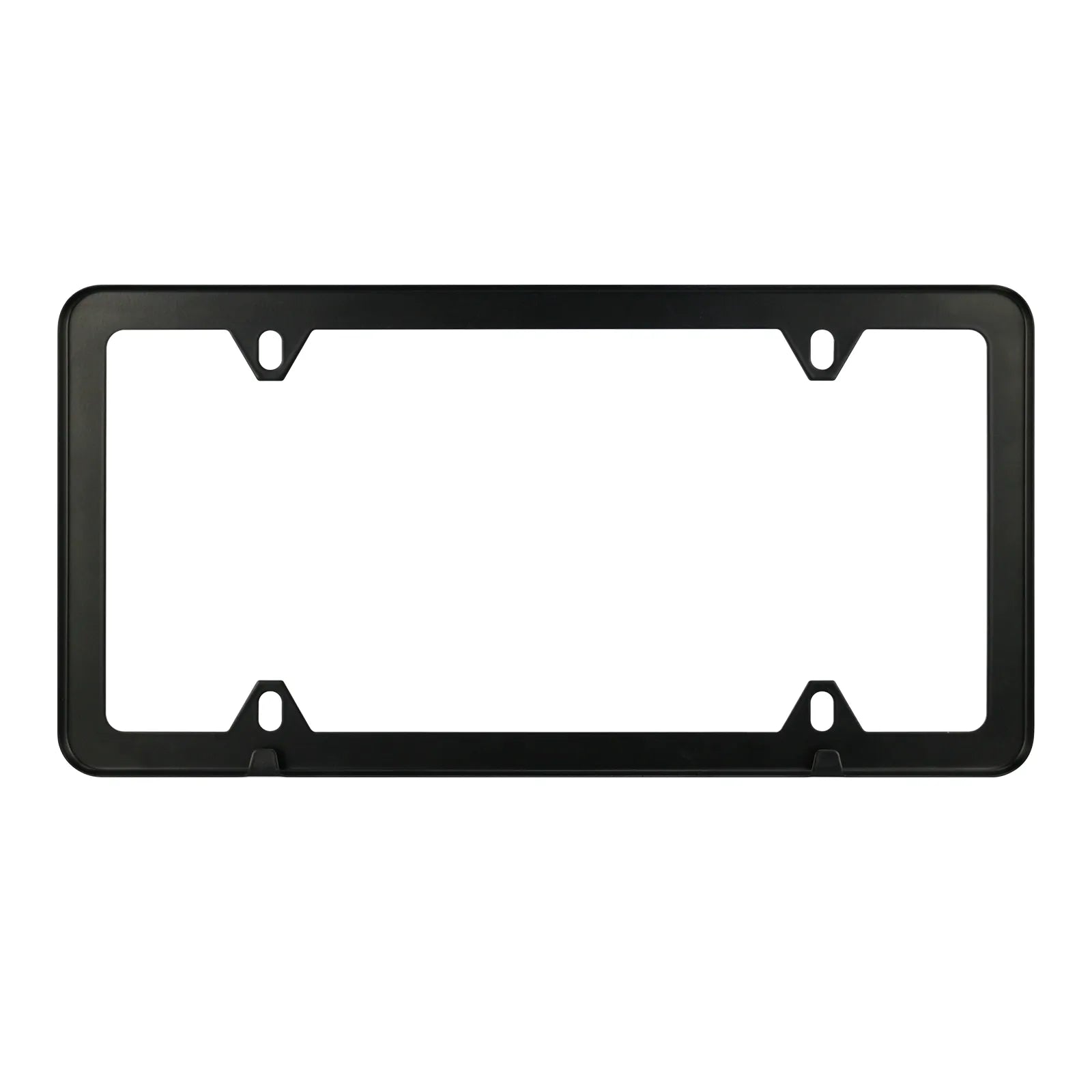 Rear view of the Cleanstroke customizable 4-hole matte black stainless steel license plate frame, revealing the durable powder-coated finish and built-in bottom securing tabs designed to grip the plate firmly and completely eliminate metal rattling.