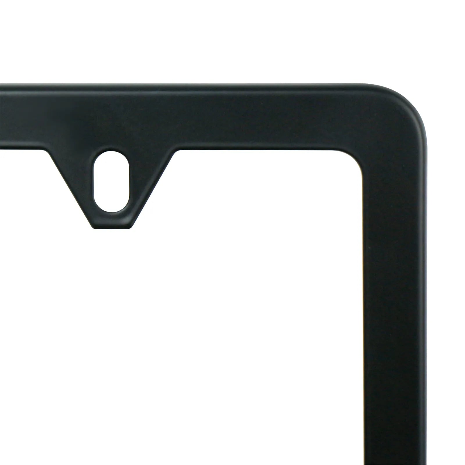 Detailed close-up of the top inner mounting tab on the Cleanstroke heavy-duty stainless steel license plate frame, highlighting the precision cut that provides secure 4-hole installation while maintaining a sleek, continuous outer rectangular aesthetic.