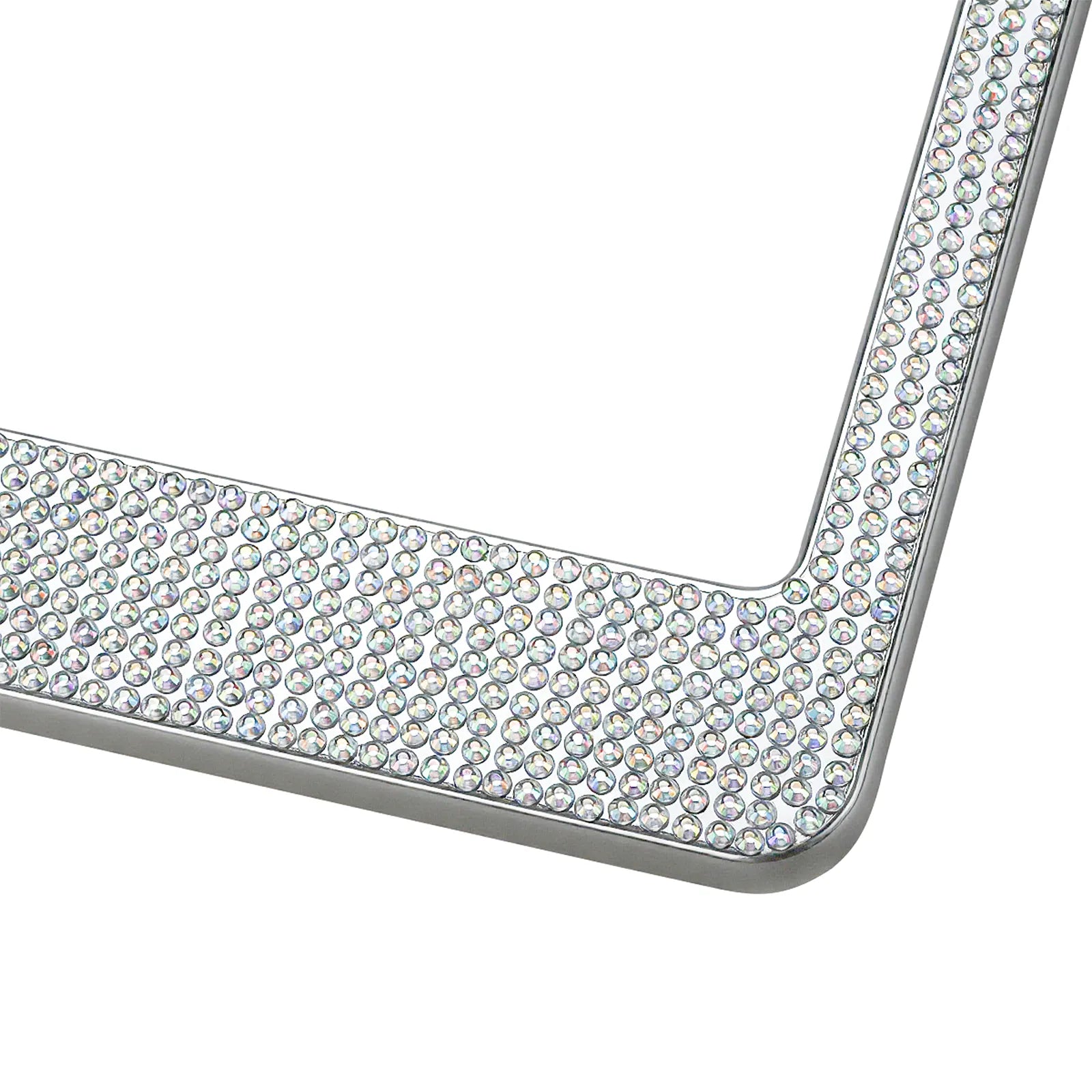 Close-up detail of the Cleanstroke bling license plate frame, showcasing the precision-set sparkling rhinestones and the smooth chrome finish on a rust-proof ABS base.