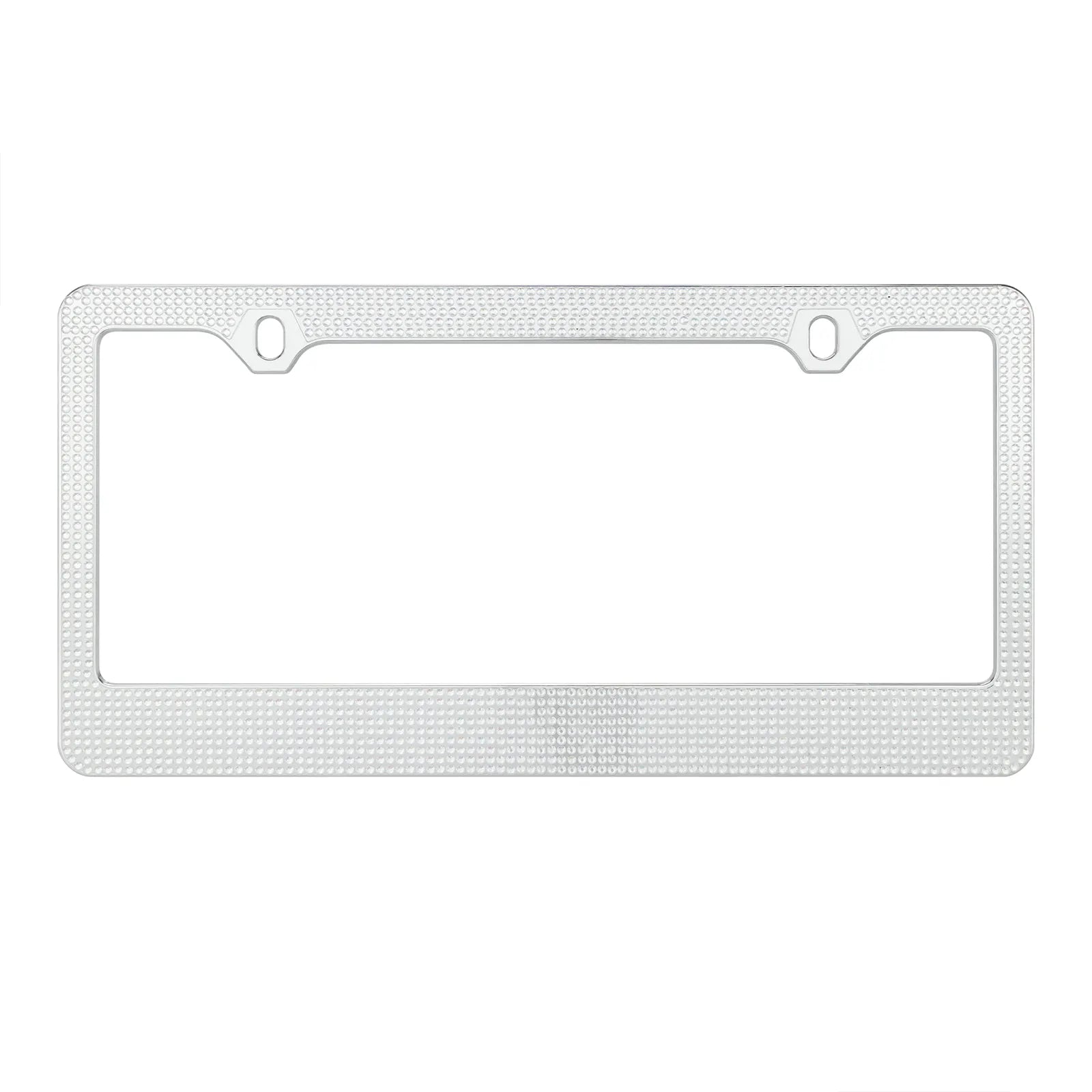 Front view of the Cleanstroke 2-hole chrome ABS license plate frame, featuring sparkling rhinestones for a rust-proof, luxurious bling aesthetic.