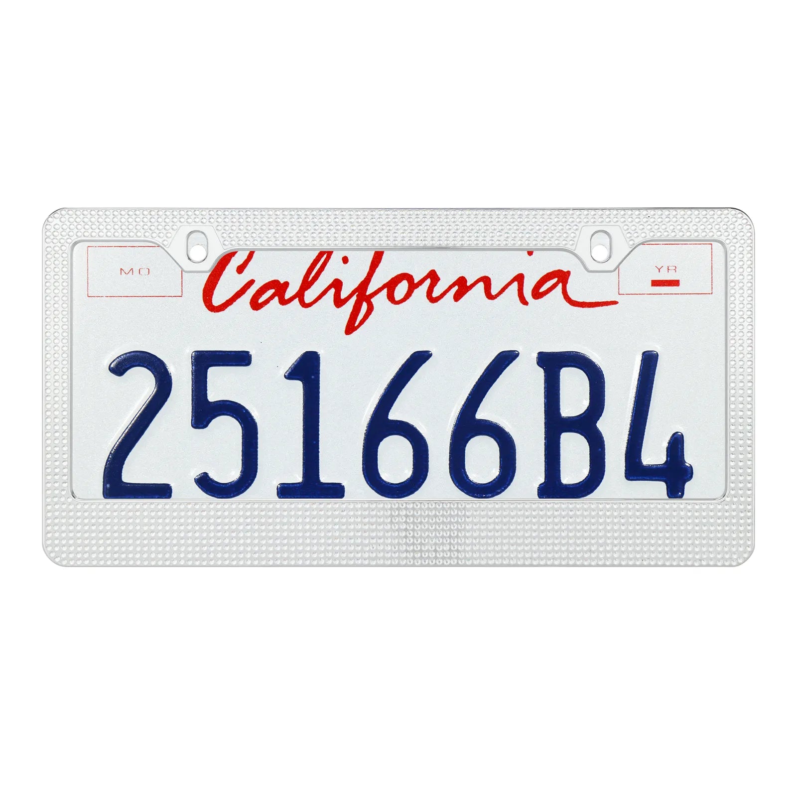 Installed view of the Cleanstroke chrome rhinestone license plate frame on a California plate, demonstrating the sparkling bling aesthetic and perfect 2-hole fitment.