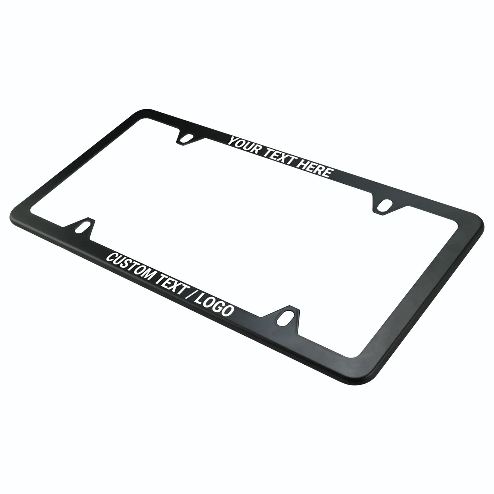Angled perspective view of the Cleanstroke customizable matte black stainless steel license plate frame, showcasing its heavy-duty build and unique inner-tab design that maintains a minimalist industrial aesthetic, perfectly suited for personalized UV printing.