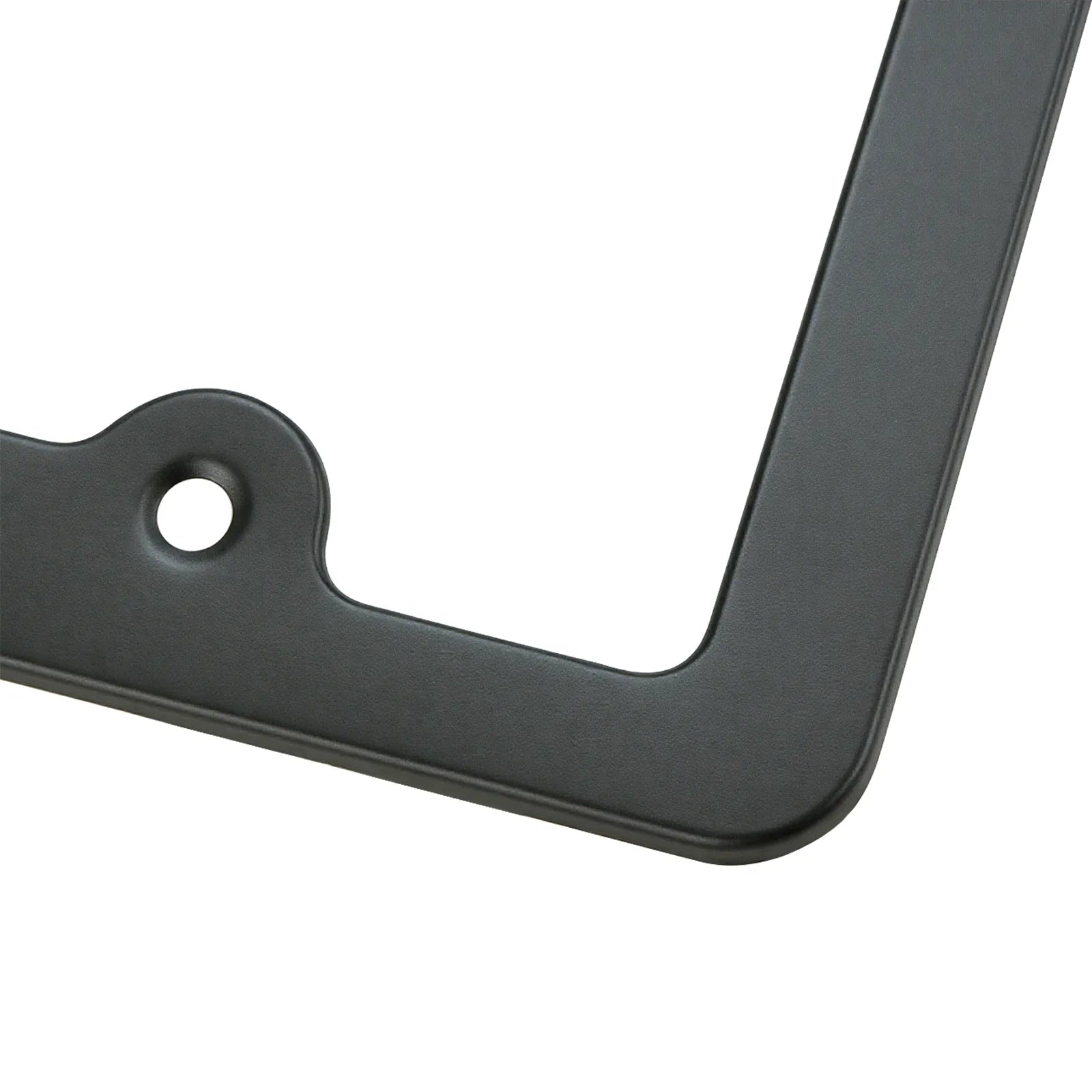 Close-up detail of the bottom mounting hole on the Cleanstroke customizable matte black aluminum license plate frame, showcasing the premium smooth powder-coated finish perfect for high-definition UV printing.