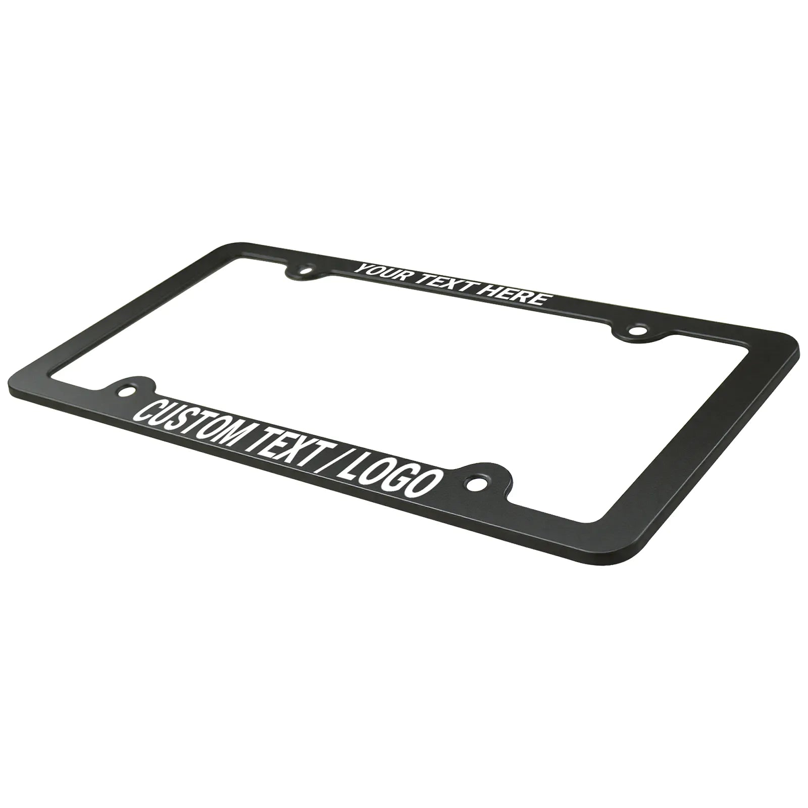 Angled perspective view of the Cleanstroke customizable 4-hole matte black aluminum license plate frame, showcasing its ultra-lightweight, slim profile perfectly suited for personalized UV printed text.