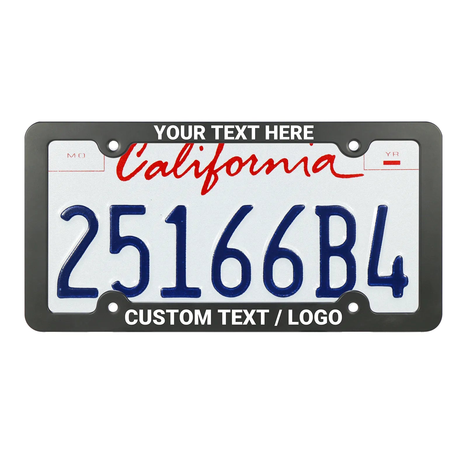 Installed view of the Cleanstroke customizable 4-hole matte black aluminum license plate frame on a California plate, demonstrating a secure fit that displays custom text without blocking state names or registration tags.