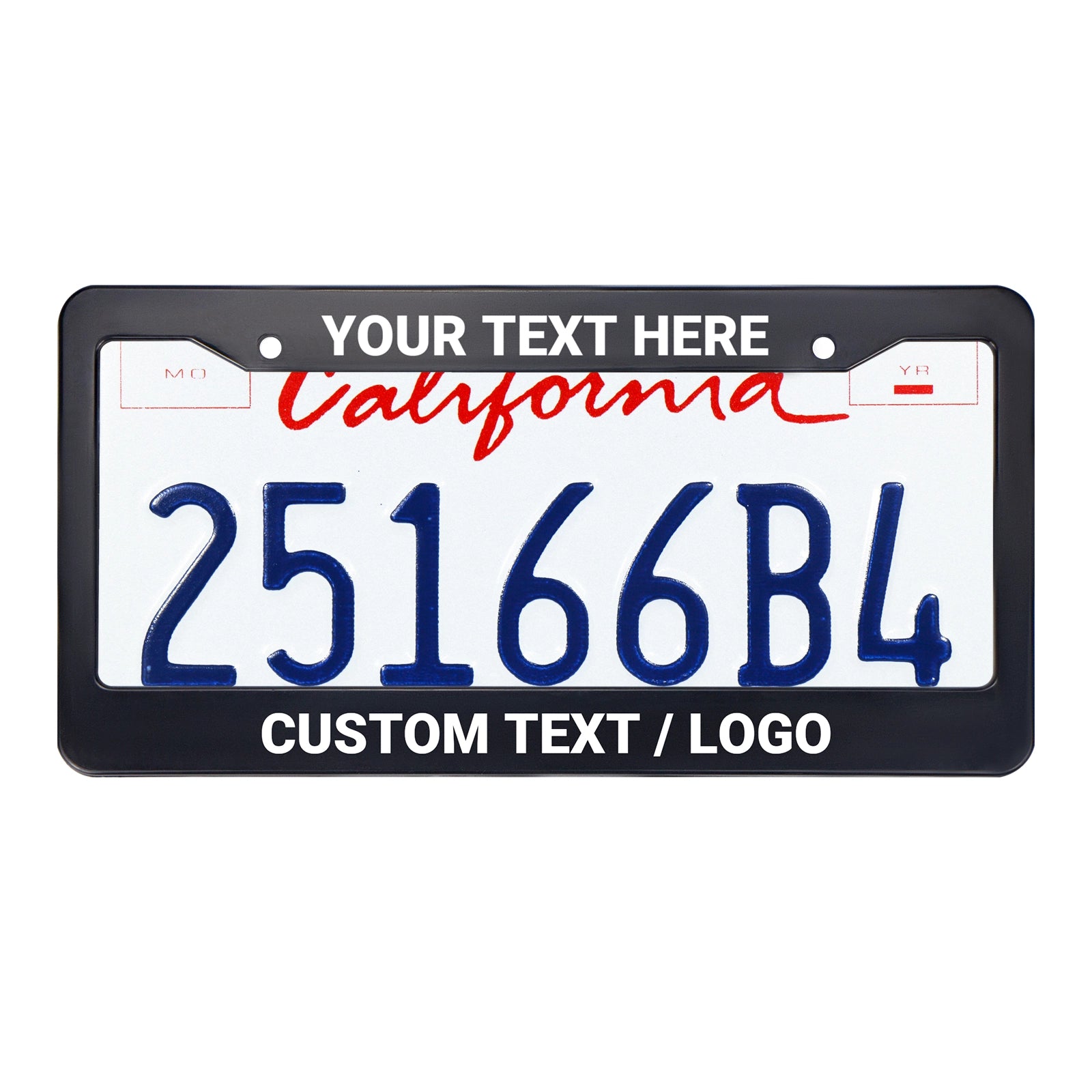 Installed view of the Cleanstroke customizable black ABS license plate frame on a California plate, demonstrating how the wide top and bottom borders perfectly display custom text without obscuring state names or registration tags.