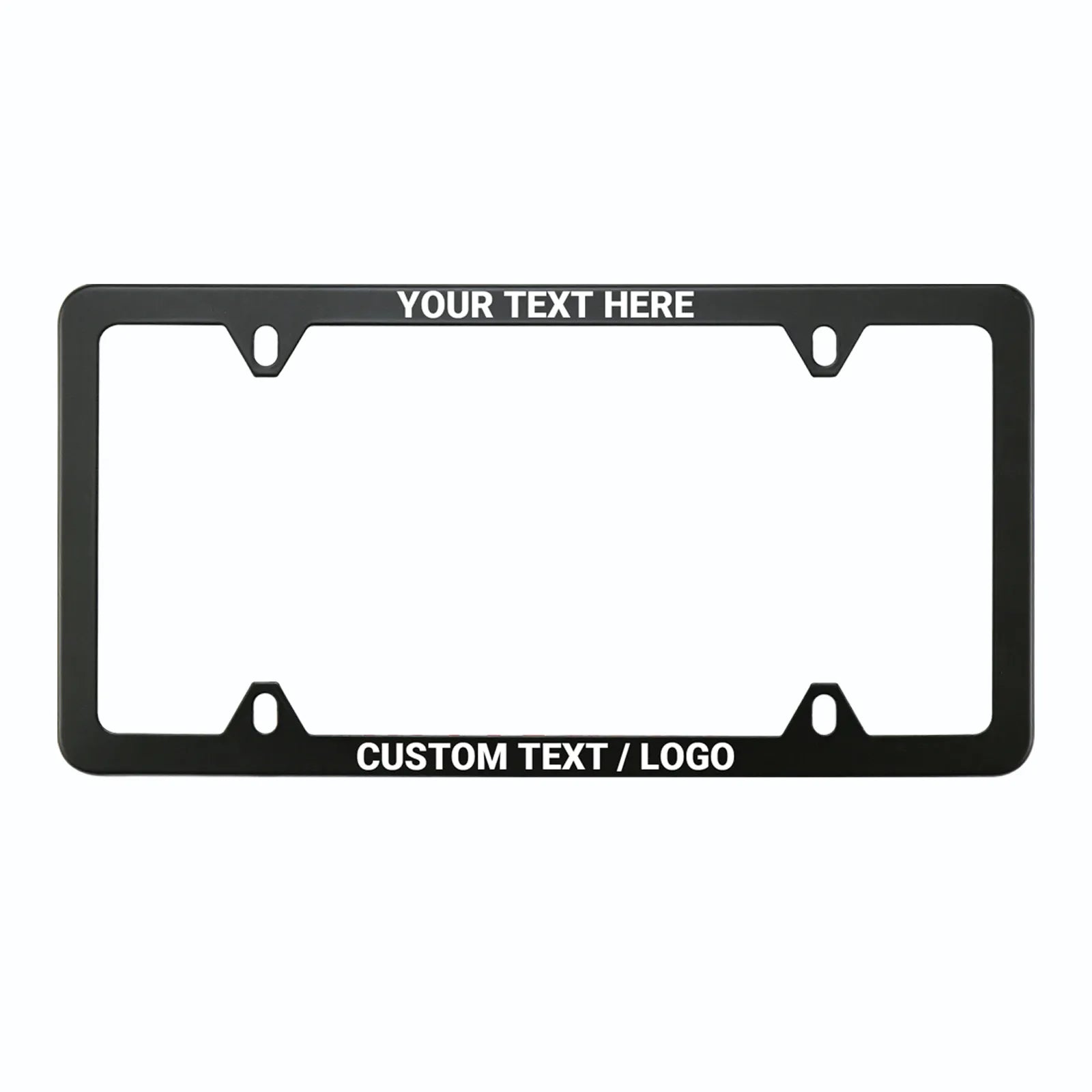 Front view of the Cleanstroke customizable 4-hole matte black stainless steel license plate frame, featuring a heavy-duty, powder-coated surface designed as a premium canvas for high-definition UV printed text.