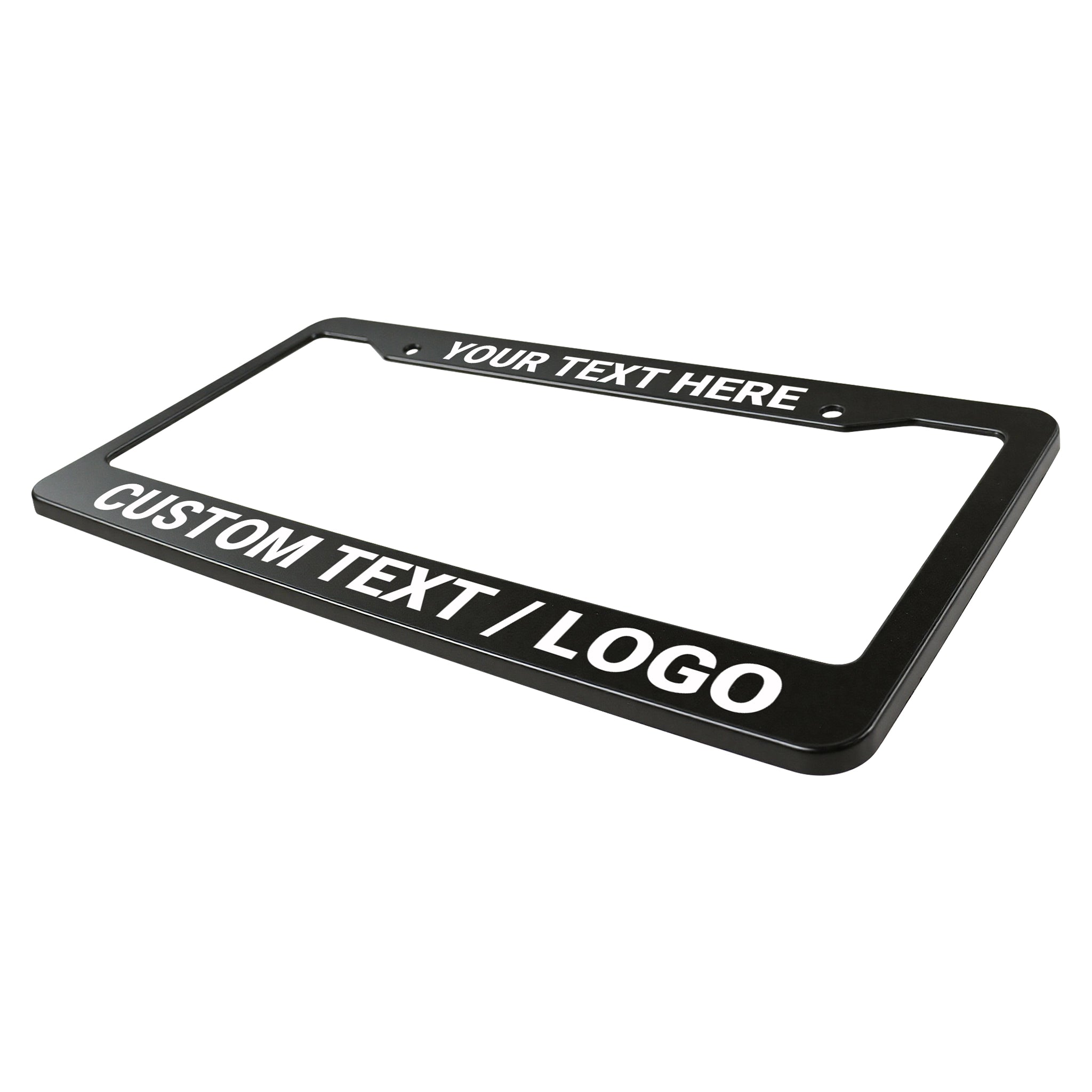 Angled perspective view of the Cleanstroke customizable black ABS license plate frame, demonstrating its sleek profile and wide, flat borders perfectly suited for personalized UV printed text.