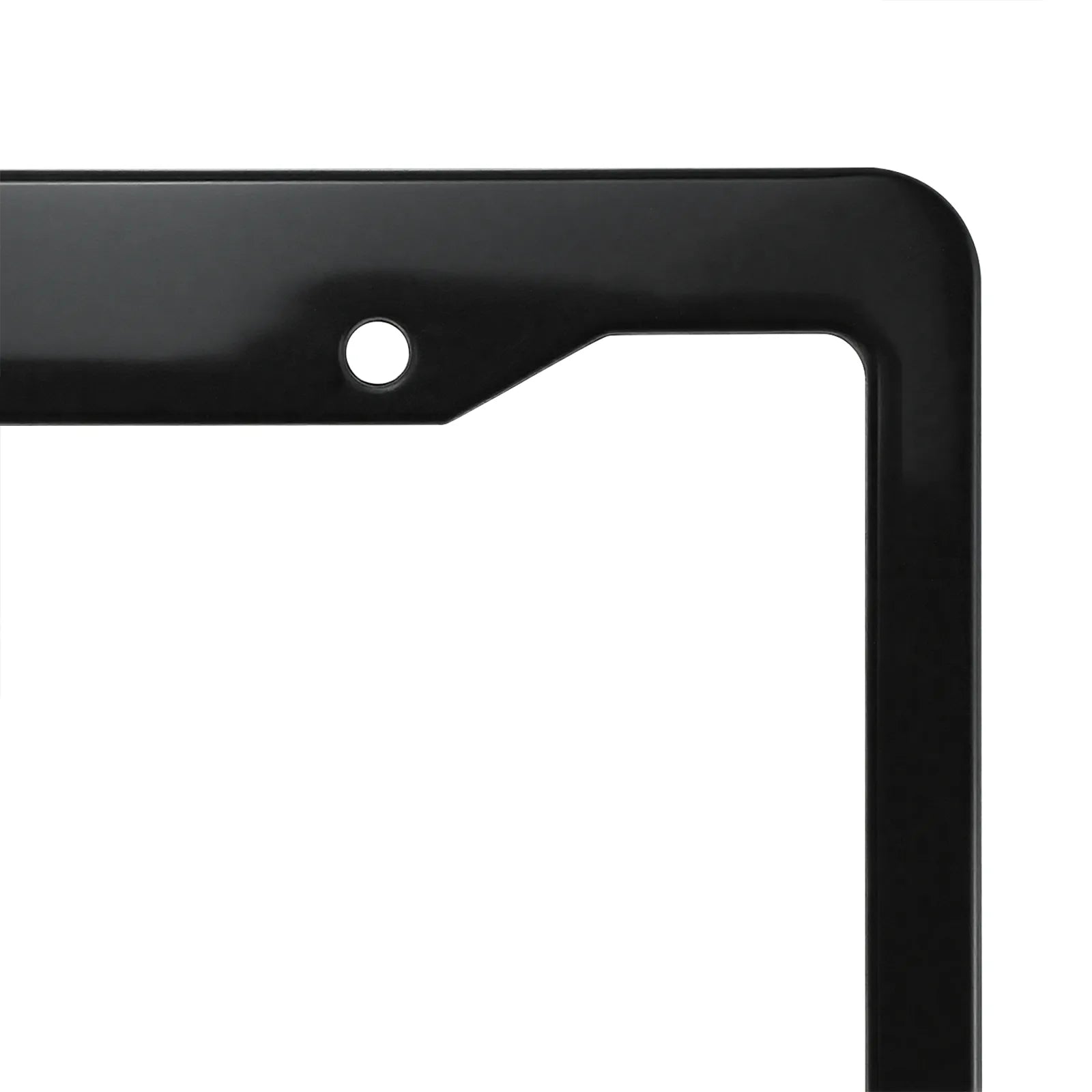 Detailed view of the top mounting hole on the Cleanstroke customizable black ABS license plate frame, showcasing the clean cut and durable flat surface designed to securely frame personalized text.