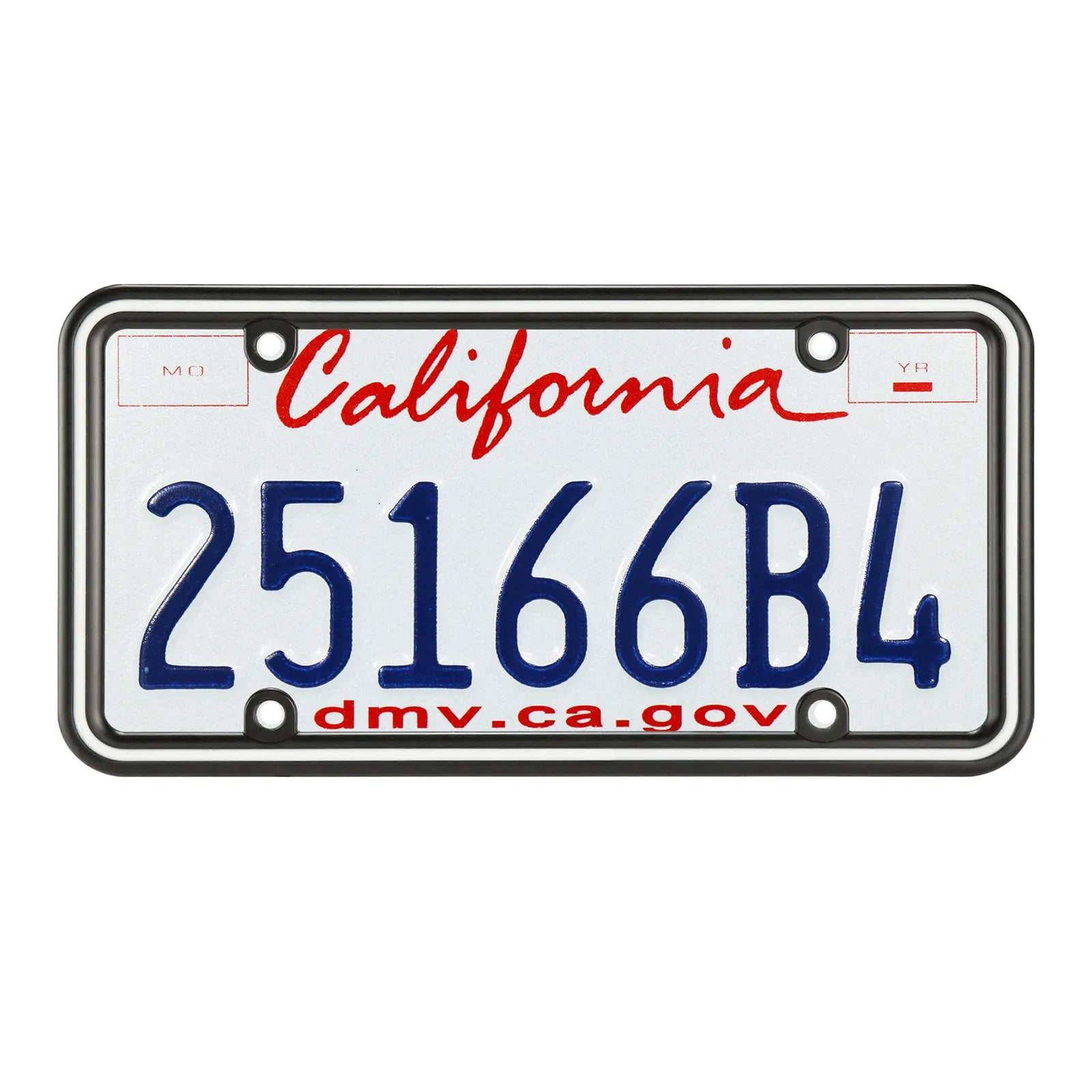 Installed view of Cleanstroke glossy black zinc license plate frame with white epoxy stripe, perfectly mounted on a California plate to showcase its premium aesthetics and secure 4-hole fit.