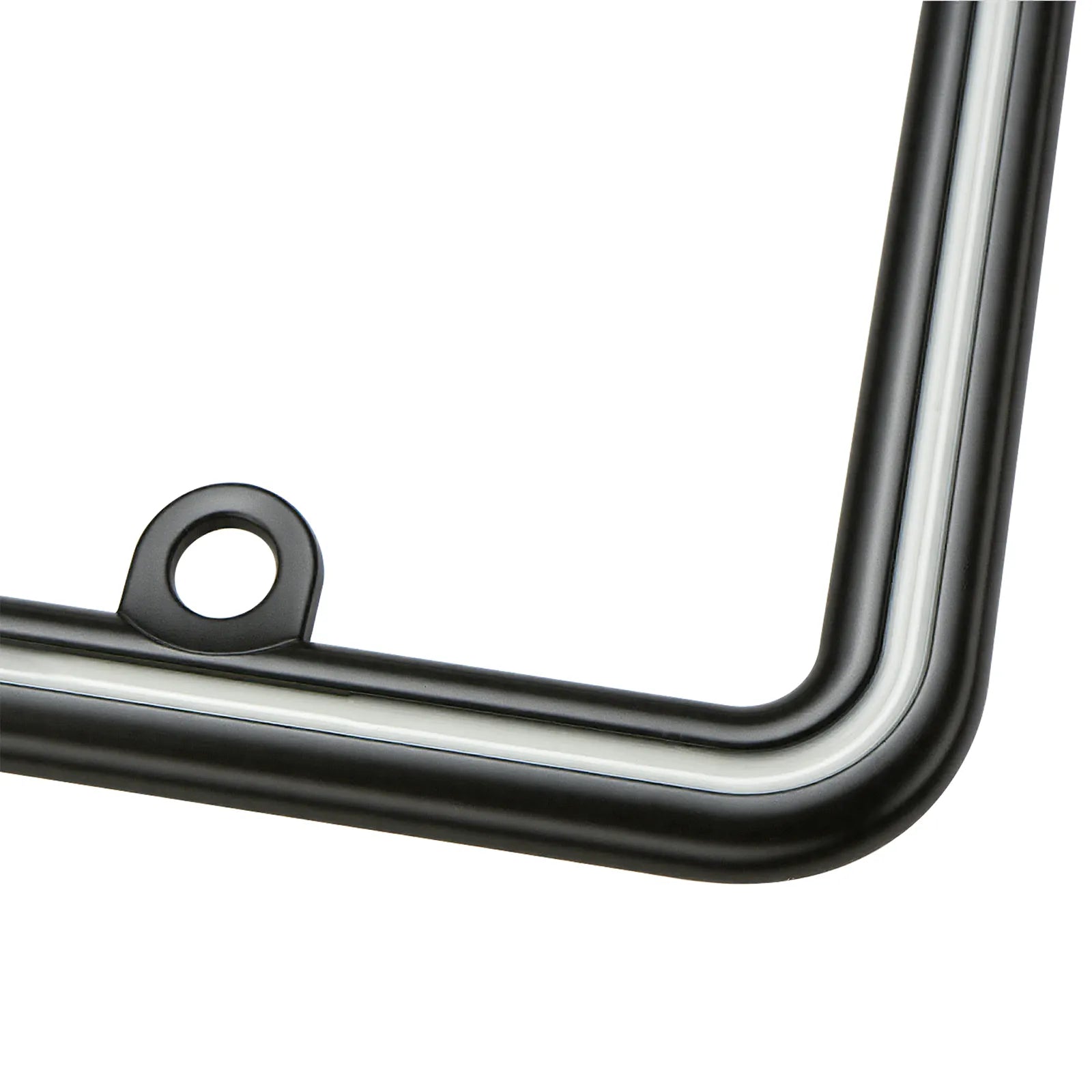 Close-up detail of Cleanstroke glossy black zinc license plate frame, showcasing the flawless white epoxy resin stripe and heavy-duty mounting construction.