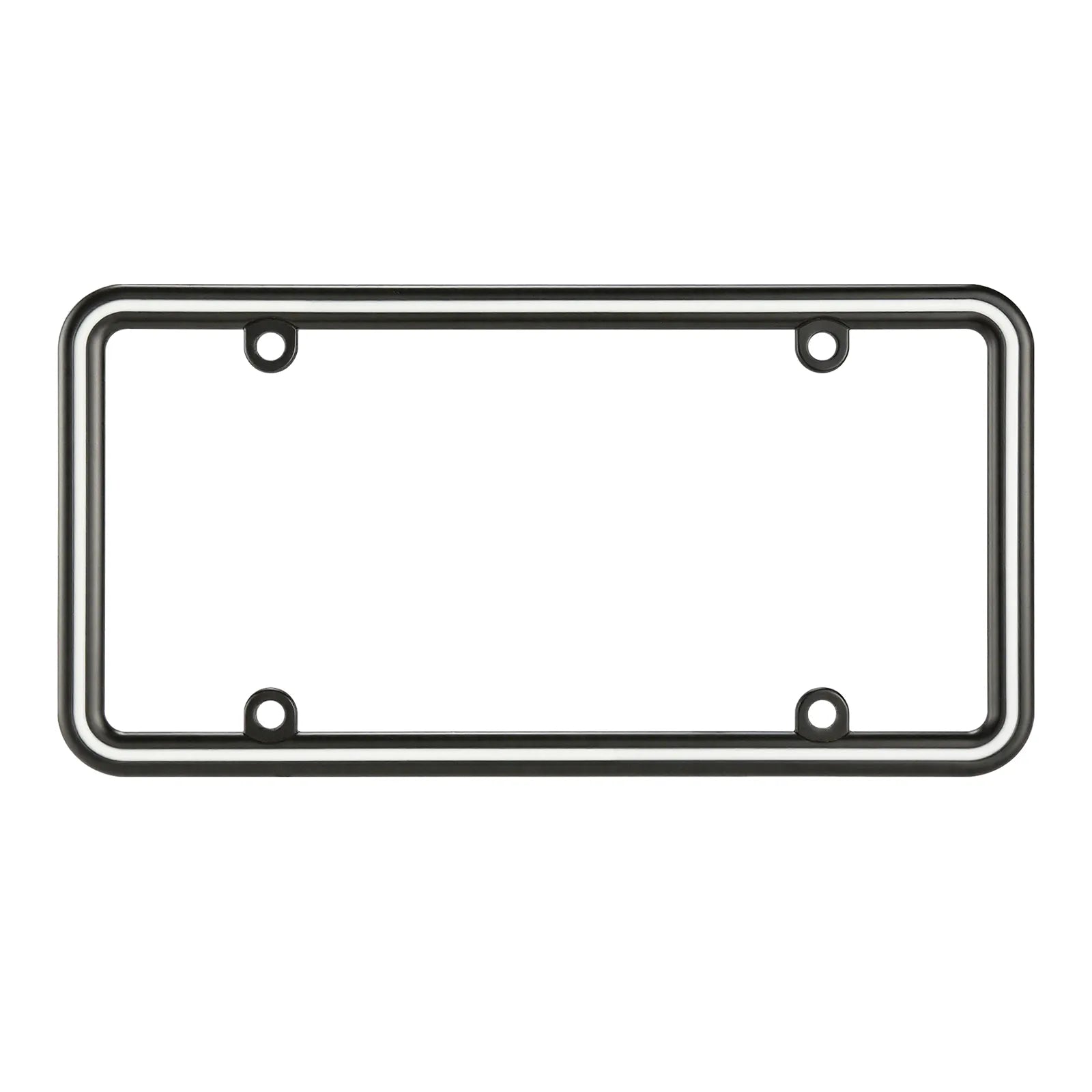 Front view of Cleanstroke 4-hole glossy black zinc license plate frame featuring a premium white epoxy resin stripe